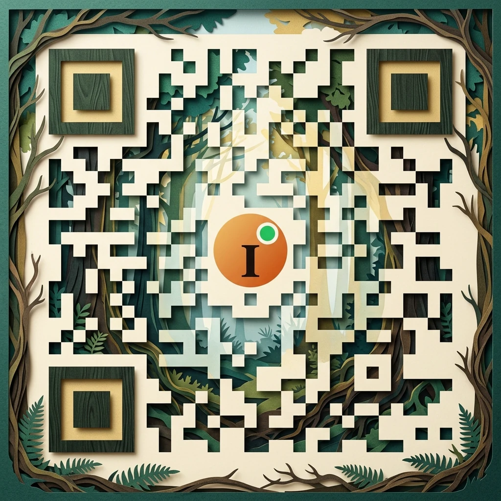 Full-picture QR code in a layered green paper-cut forest style