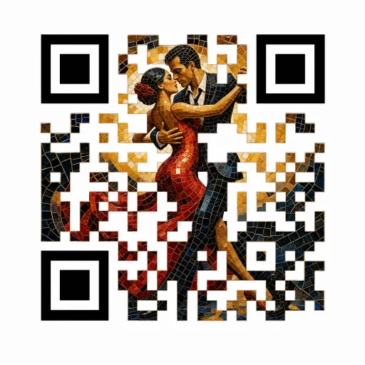 AI-generated QR code of a dancing couple in glossy mosaic tiles, Mosaic Dance template